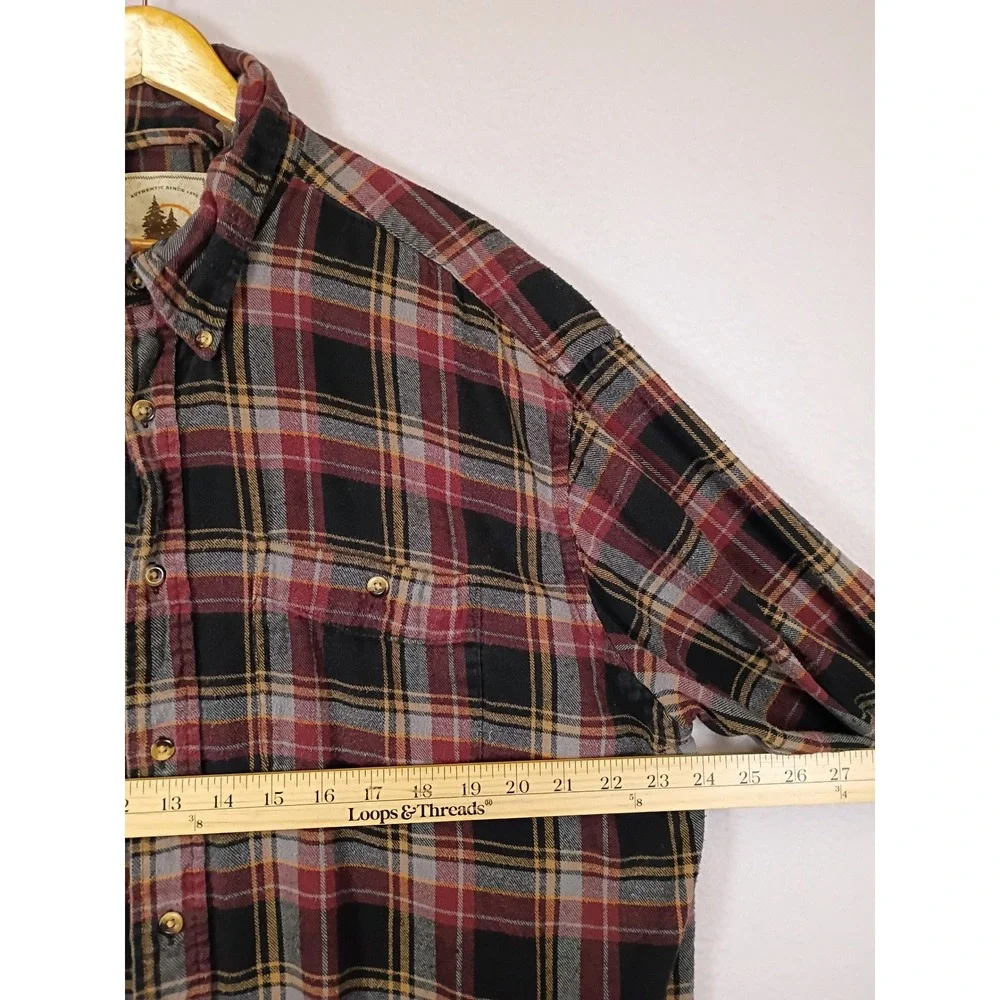 Rugged G.H. Bass Mens XL Burgundy Black Plaid Cotton Flannel Button Down Shirt